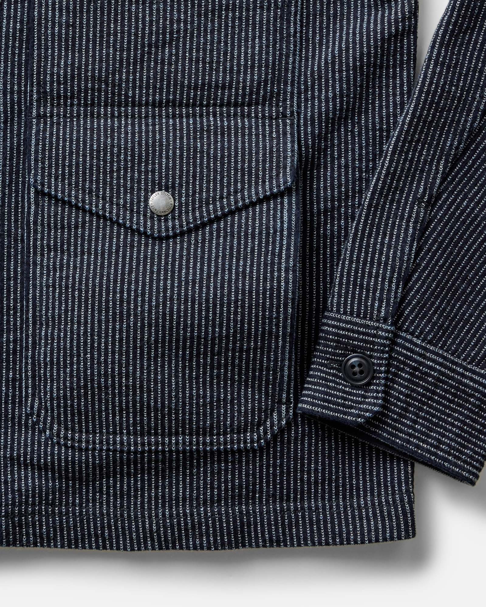 material shot of the sleeve on The Jackson Jacket in Rinsed Indigo French Terry Stripe, Outerwear by Taylor Stitch