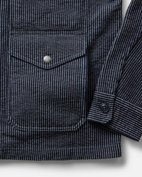 material shot of the sleeve on The Jackson Jacket in Rinsed Indigo French Terry Stripe, Outerwear by Taylor Stitch