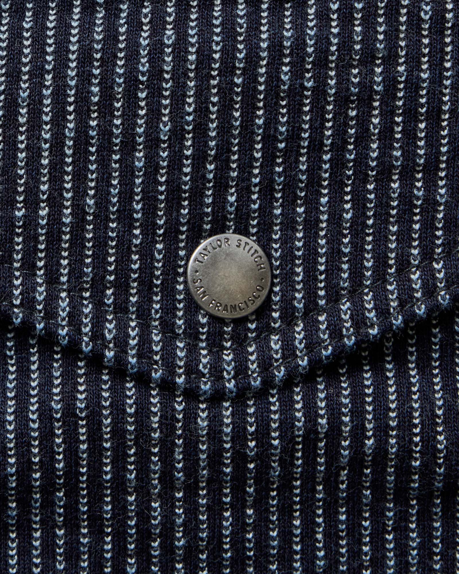 material shot of the pocket on The Jackson Jacket in Rinsed Indigo French Terry Stripe, Outerwear by Taylor Stitch