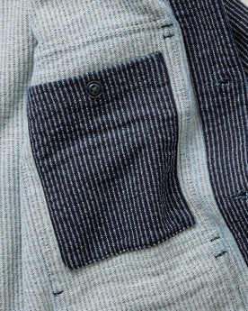 material shot of the inner pocket on The Jackson Jacket in Rinsed Indigo French Terry Stripe, Outerwear by Taylor Stitch