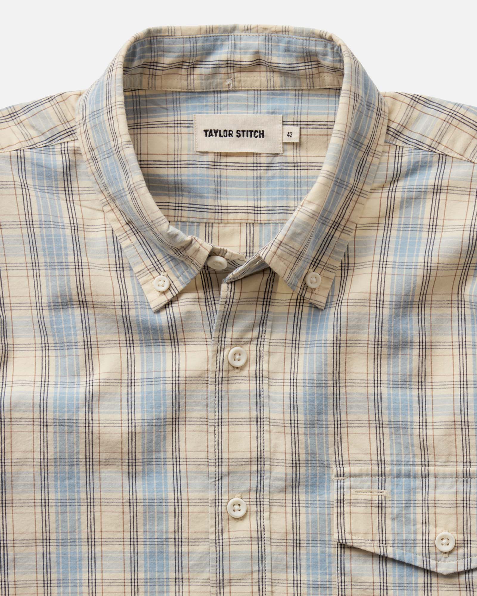 material shot of the collar on The Logan Popover in Blue Sky Plaid, Wovens by Taylor Stitch
