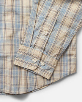 material shot of the sleeve on The Logan Popover in Blue Sky Plaid, Wovens by Taylor Stitch