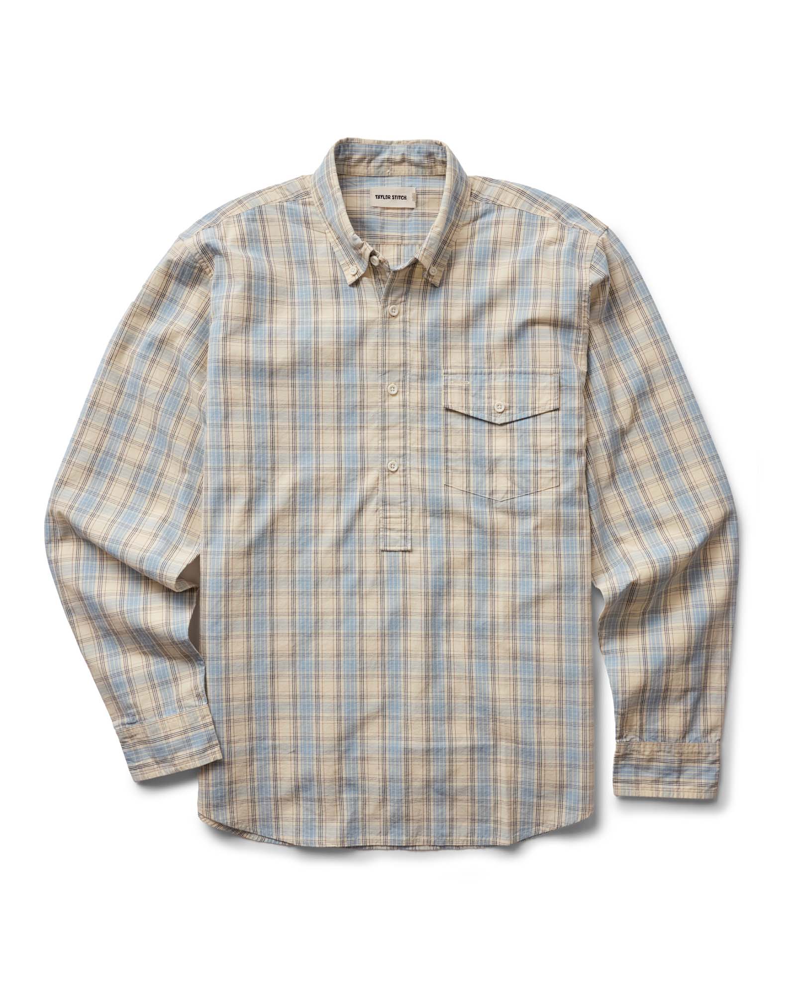 flatlay of The Logan Popover in Blue Sky Plaid, Wovens by Taylor Stitch