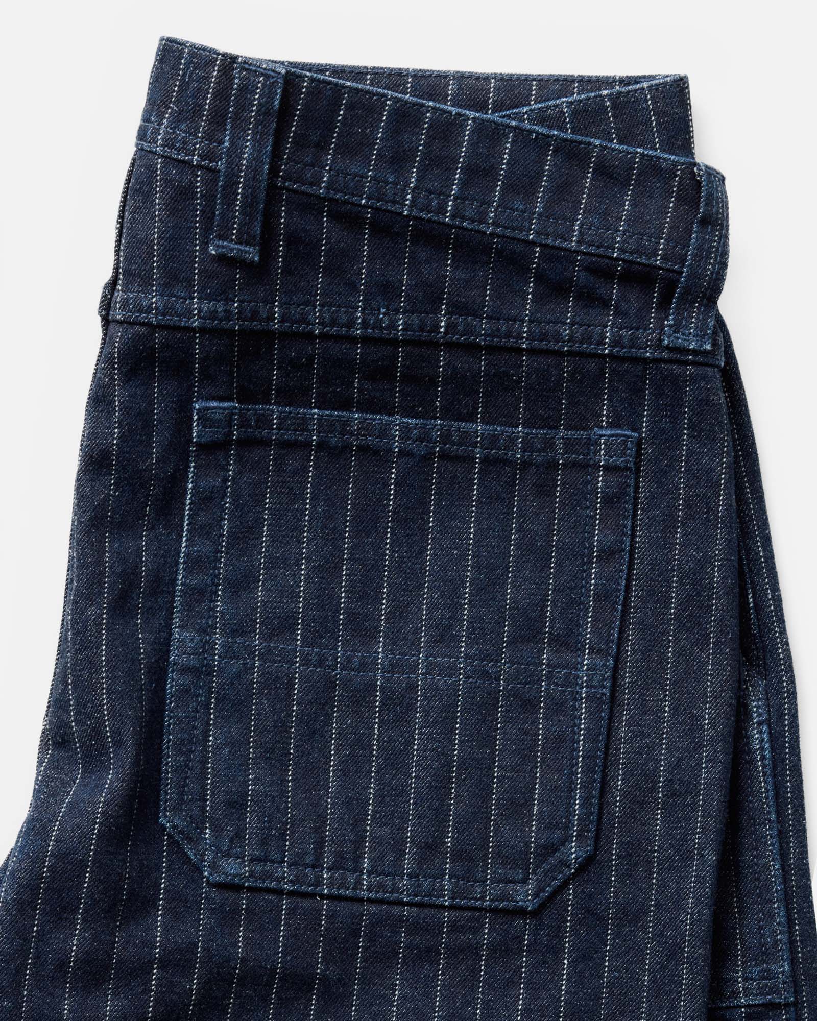 material shot of the back pocket on The Mariner Jean in Rinsed Indigo Dobby Denim, Bottoms by Taylor Stitch