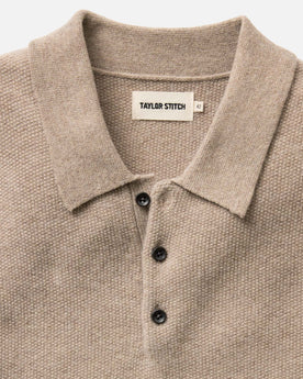material shot of the collar on The Newton Sweater Polo in Heather Oatmeal, Knits by Taylor Stitch