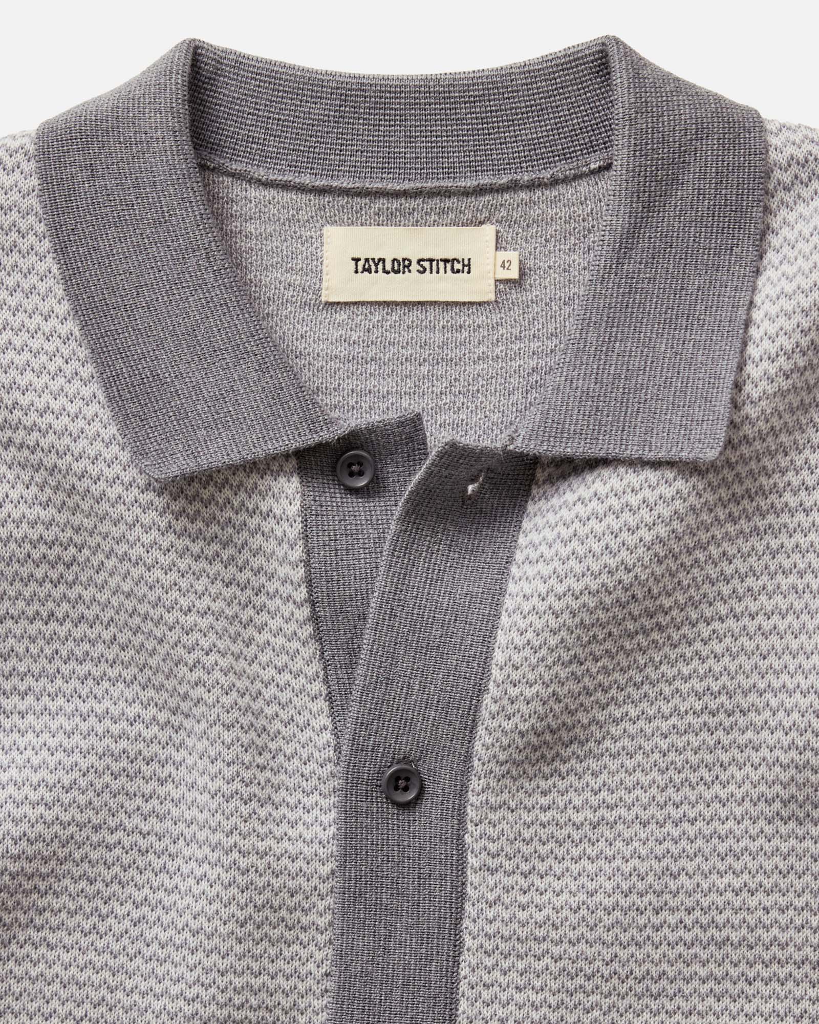 material shot of the collar on The Nichols Polo in Heather Grey Birdseye Merino, Knits by Taylor Stitch
