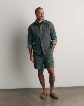 fit model showing off The North Shore Knit Shirt in Heather Coal, Knits by Taylor Stitch