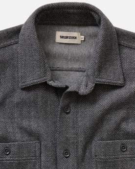 material shot of the collar on The North Shore Knit Shirt in Heather Coal, Knits by Taylor Stitch