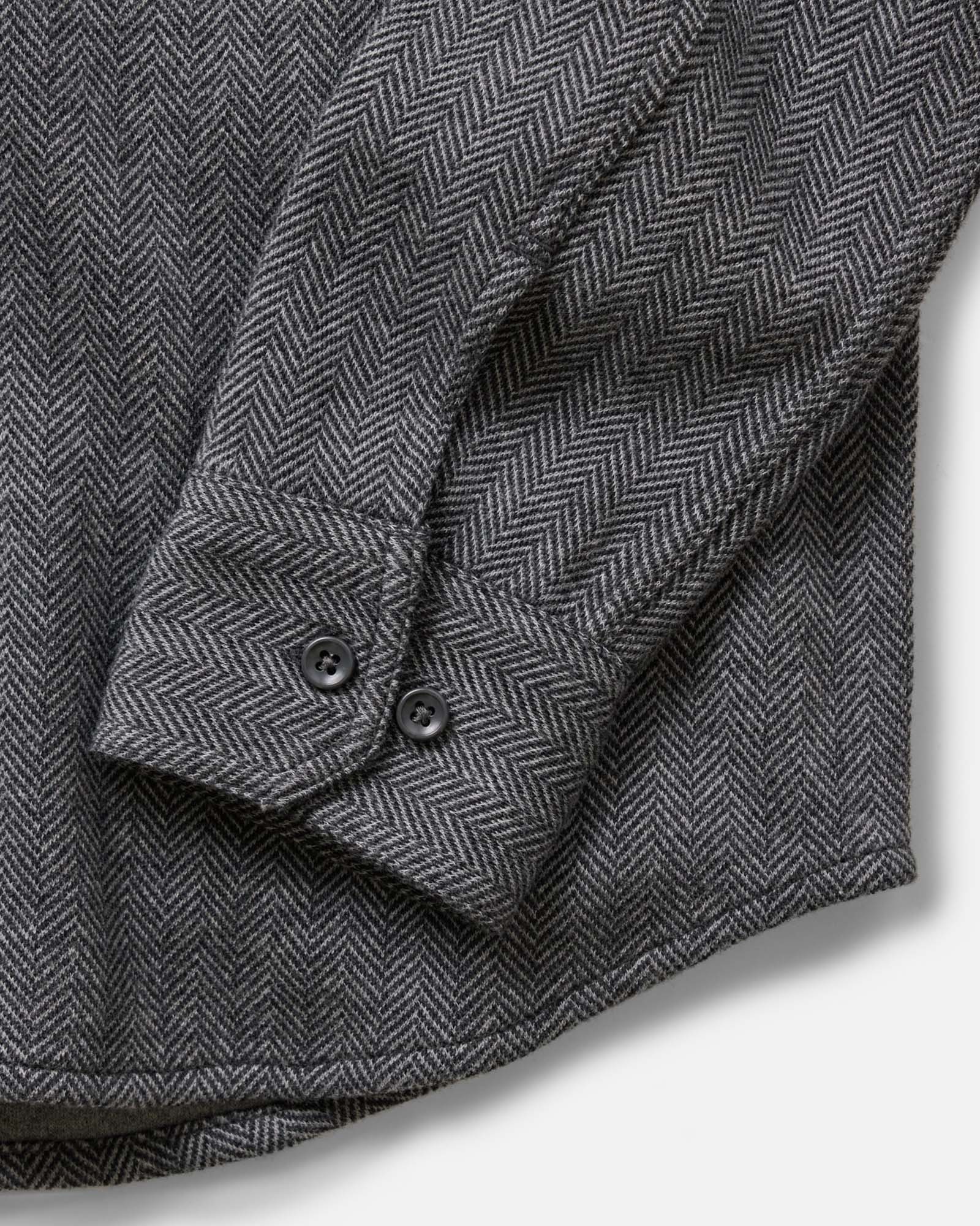 material shot of the sleeve on The North Shore Knit Shirt in Heather Coal, Knits by Taylor Stitch