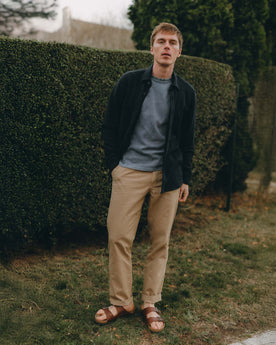 fit model posing in The North Shore Knit Shirt in Heather Navy, Knits by Taylor Stitch