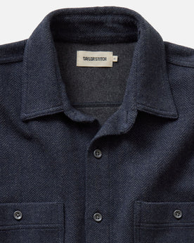 material shot of the collar on The North Shore Knit Shirt in Heather Navy, Knits by Taylor Stitch