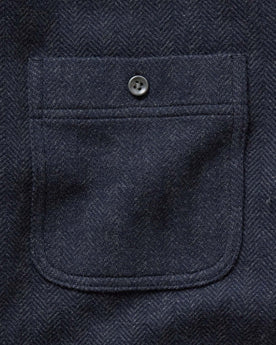 material shot of the pocket on The North Shore Knit Shirt in Heather Navy, Knits by Taylor Stitch