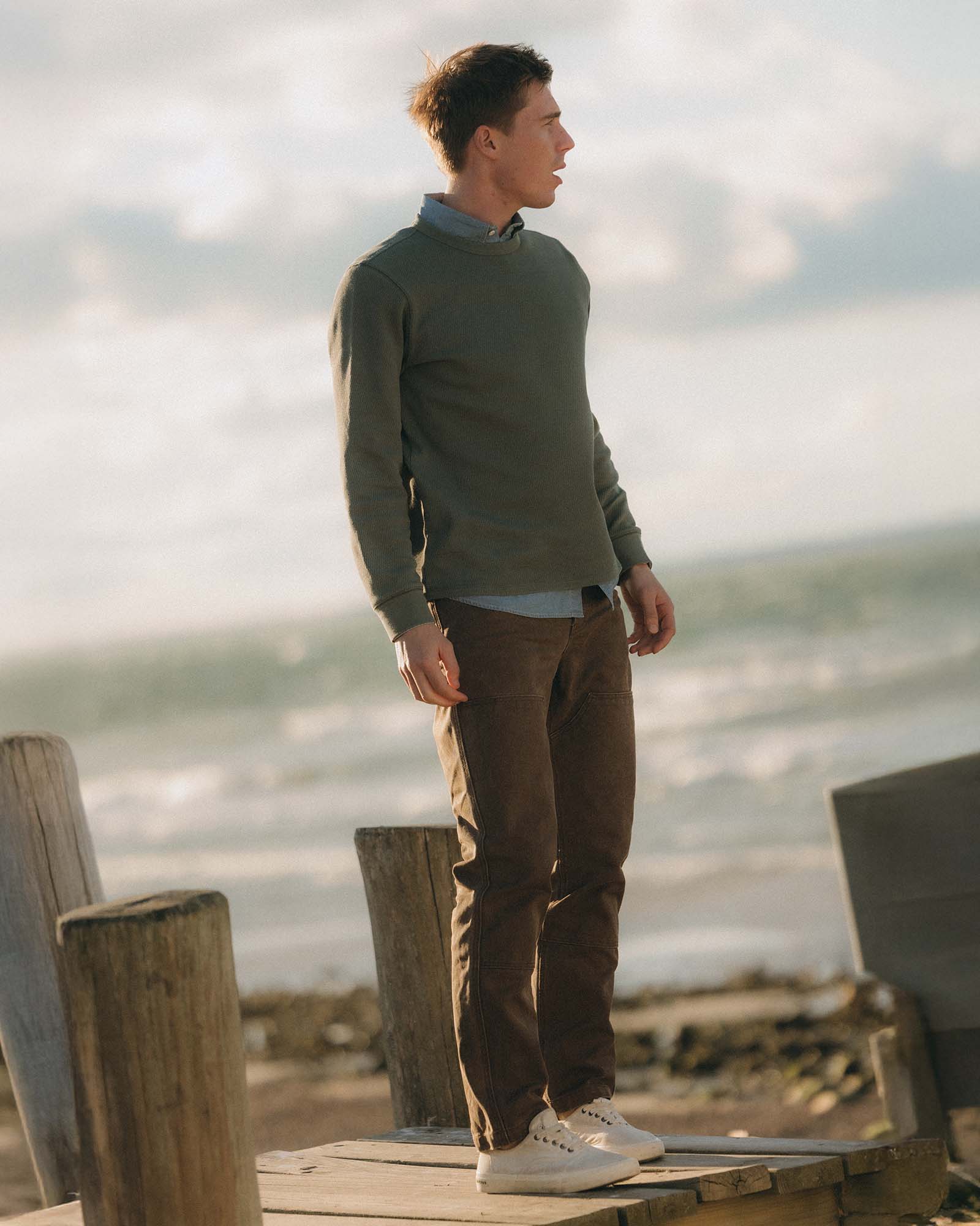 fit model showing off The Organic Cotton Crew in Deep Sea Waffle, Knits by Taylor Stitch