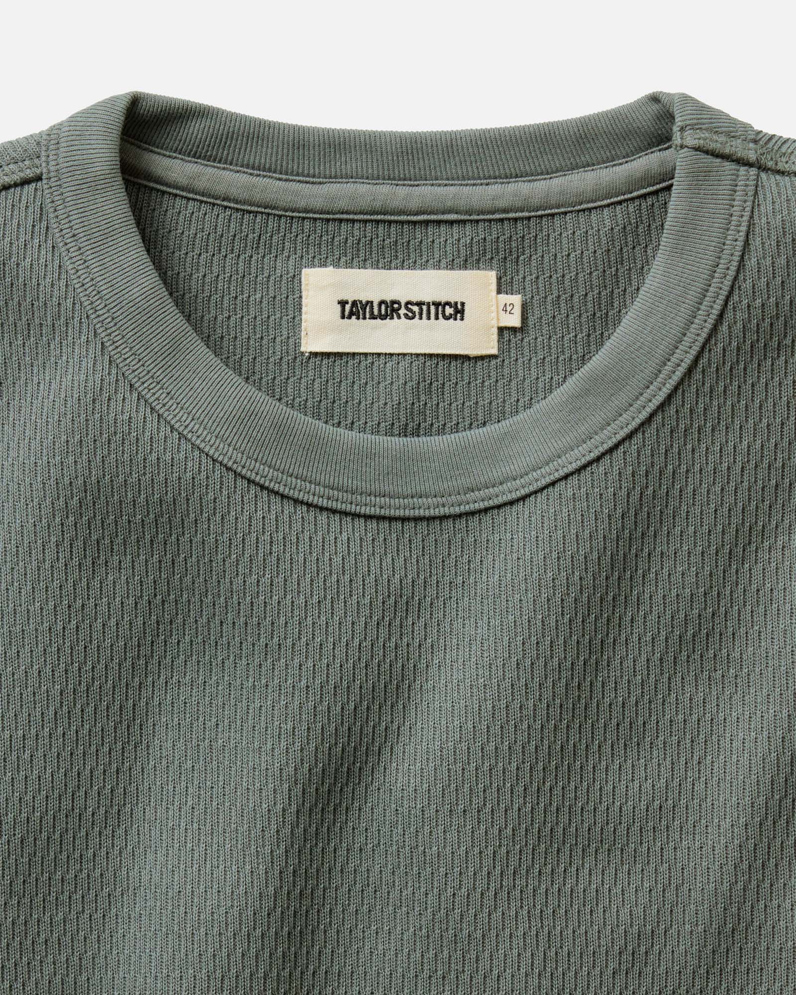 material shot of the collar on The Organic Cotton Crew in Deep Sea Waffle, Knits by Taylor Stitch