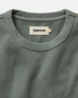 material shot of the collar on The Organic Cotton Crew in Deep Sea Waffle, Knits by Taylor Stitch