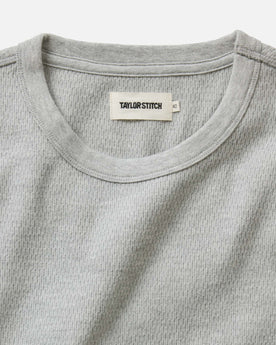 material shot of the collar on The Organic Cotton Crew in Heather Grey Waffle, Knits by Taylor Stitch