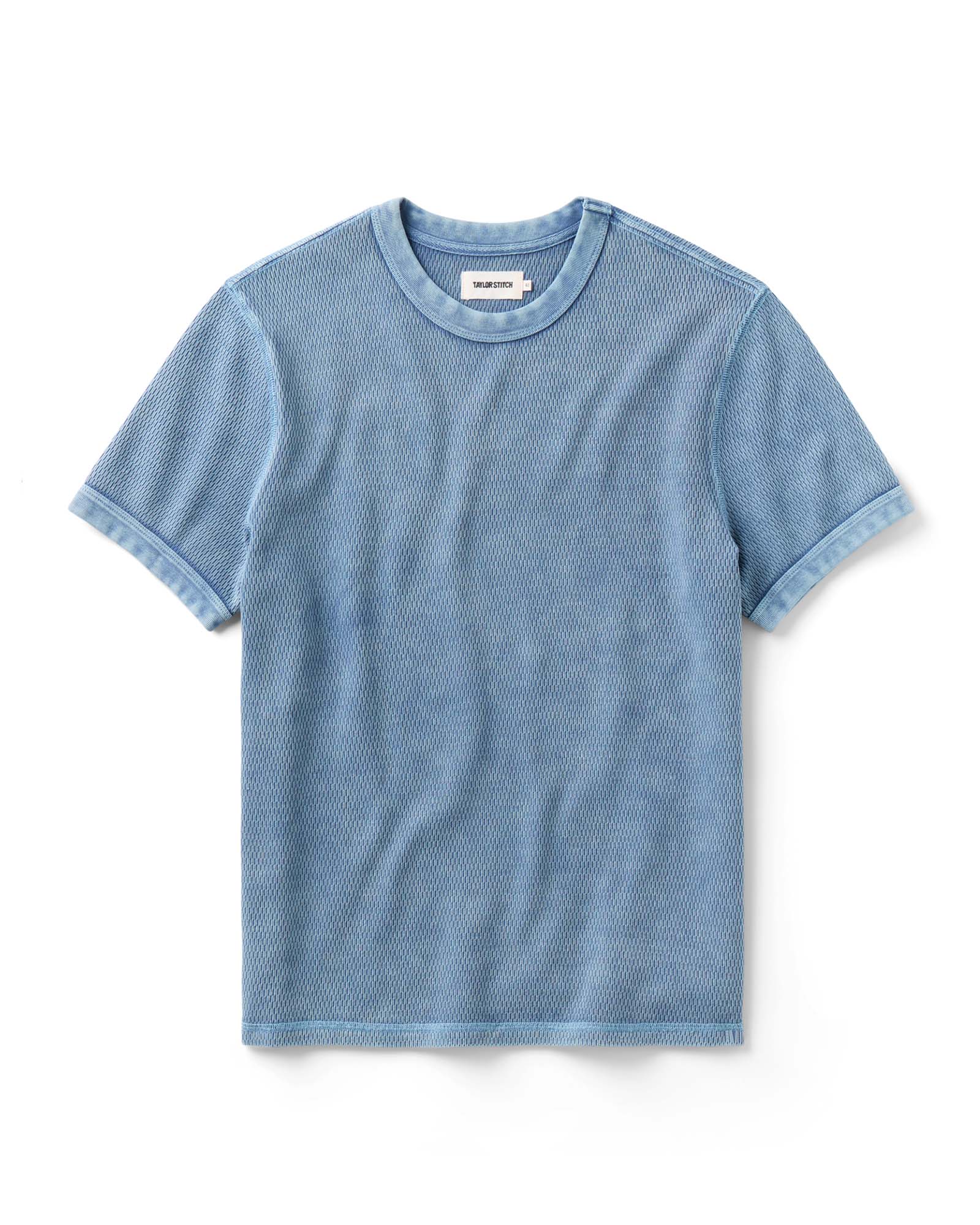 flatlay of The Organic Cotton Short Sleeve Crew in Washed Blue Waffle, Knits by Taylor Stitch
