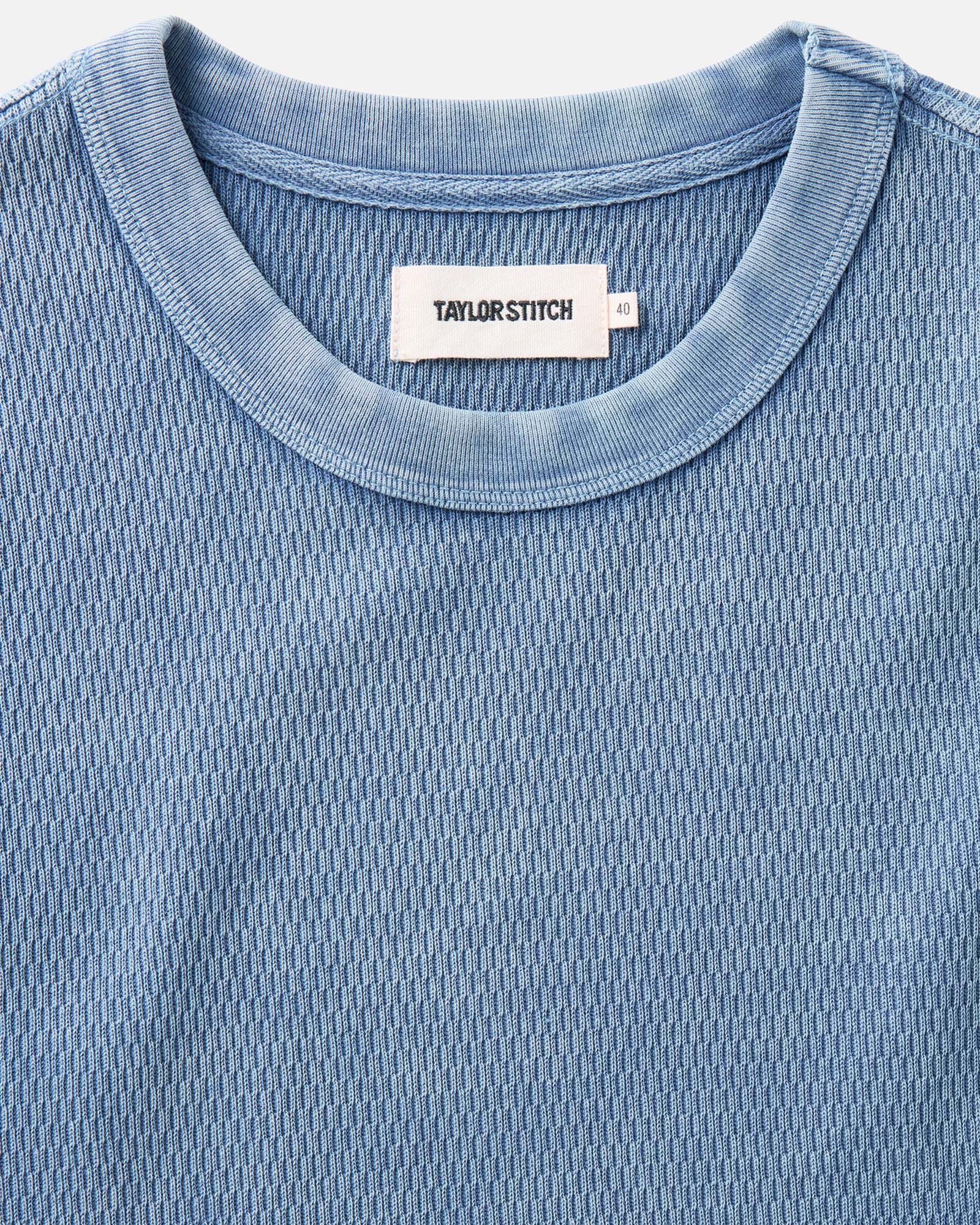 material shot of the collar on The Organic Cotton Short Sleeve Crew in Washed Blue Waffle, Knits by Taylor Stitch