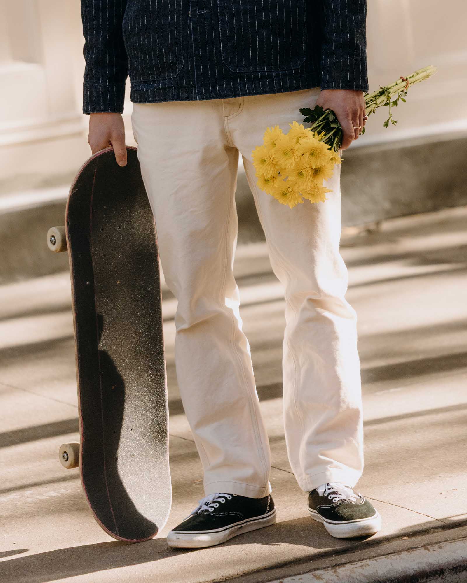 fit model showing off The Painter Pant in Seeded Natural Chipped Canvas, Bottoms by Taylor Stitch