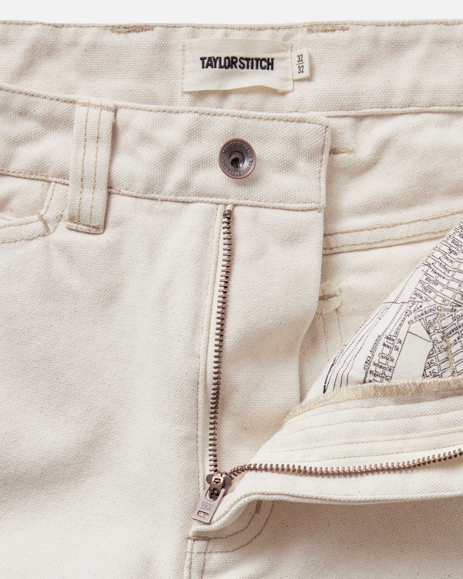 material shot of the zipper on The Painter Pant in Seeded Natural Chipped Canvas, Bottoms by Taylor Stitch
