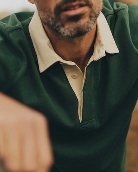 fit model showing off the collar on The Rugby Shirt in Ivy, Knits by Taylor Stitch