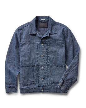 flatlay of The Ryder Jacket in Japanese Washed Indigo Sashiko, Outerwear by Taylor Stitch