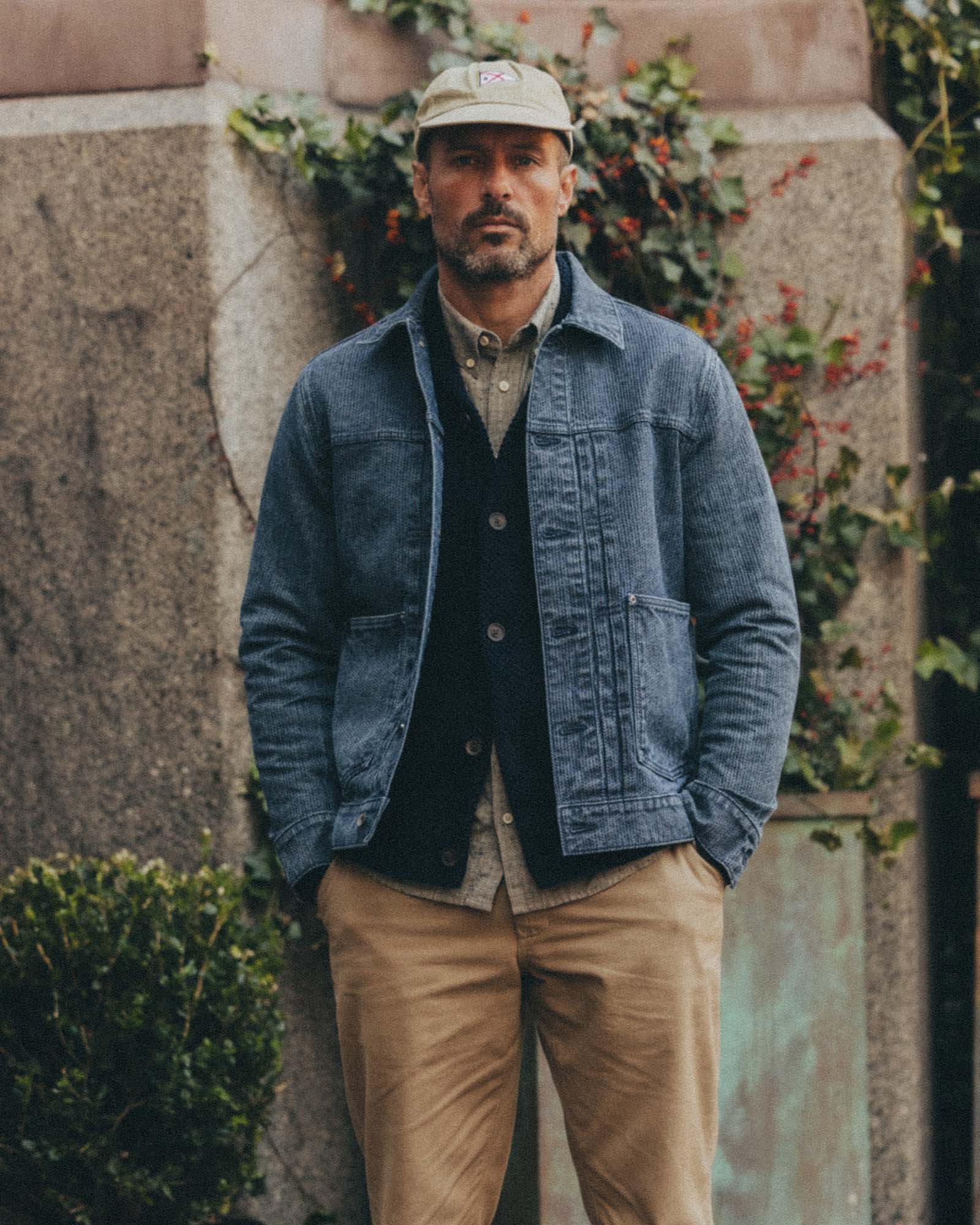 fit model posing in The Ryder Jacket in Japanese Washed Indigo Sashiko, Outerwear by Taylor Stitch