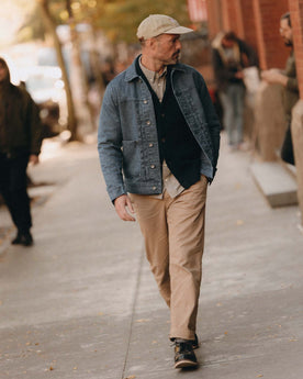 fit model walking wearing The Ryder Jacket in Japanese Washed Indigo Sashiko, Outerwear by Taylor Stitch