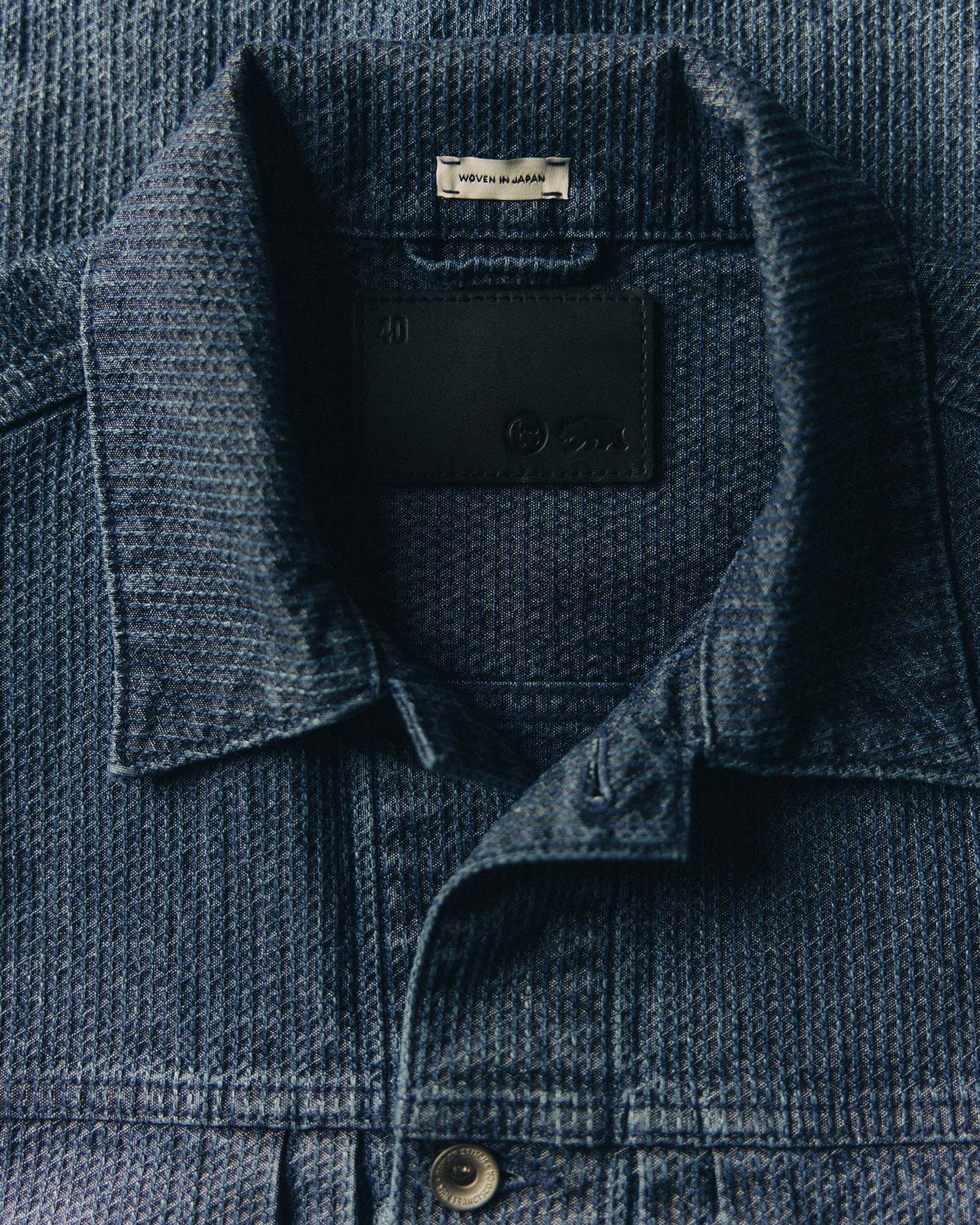 material shot of the collar on The Ryder Jacket in Japanese Washed Indigo Sashiko, Outerwear by Taylor Stitch