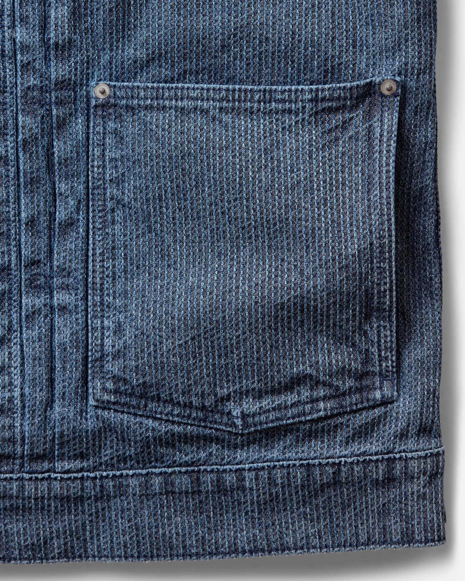 material shot of the pocket on The Ryder Jacket in Japanese Washed Indigo Sashiko, Outerwear by Taylor Stitch