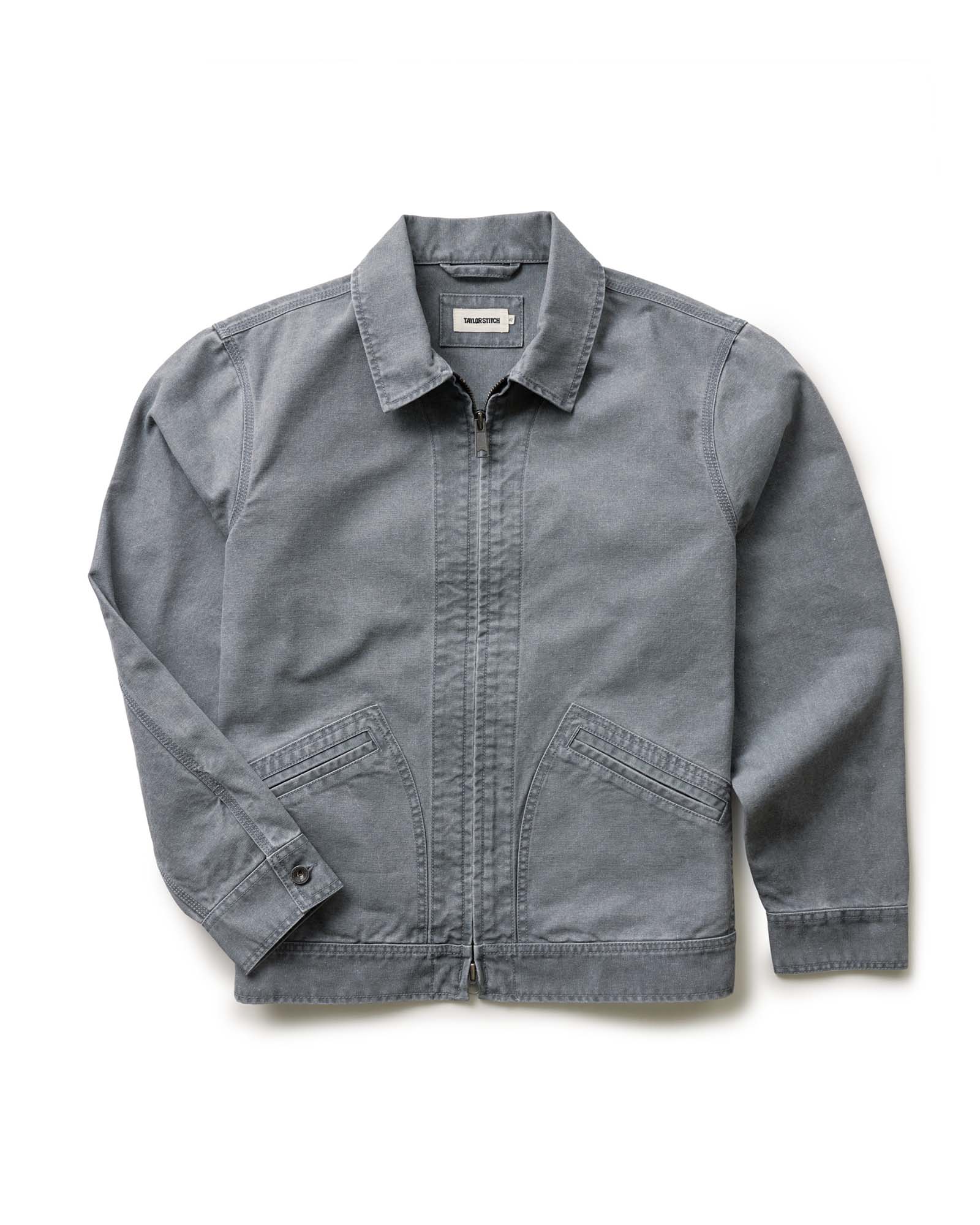 flatlay of The Shifter Jacket in Dark Grey Pigment Canvas, Outerwear by Taylor Stitch