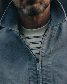 fit model showing off the collar on The Shifter Jacket in Dark Grey Pigment Canvas, Outerwear by Taylor Stitch