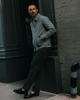 fit model posing in The Shifter Jacket in Dark Grey Pigment Canvas, Outerwear by Taylor Stitch