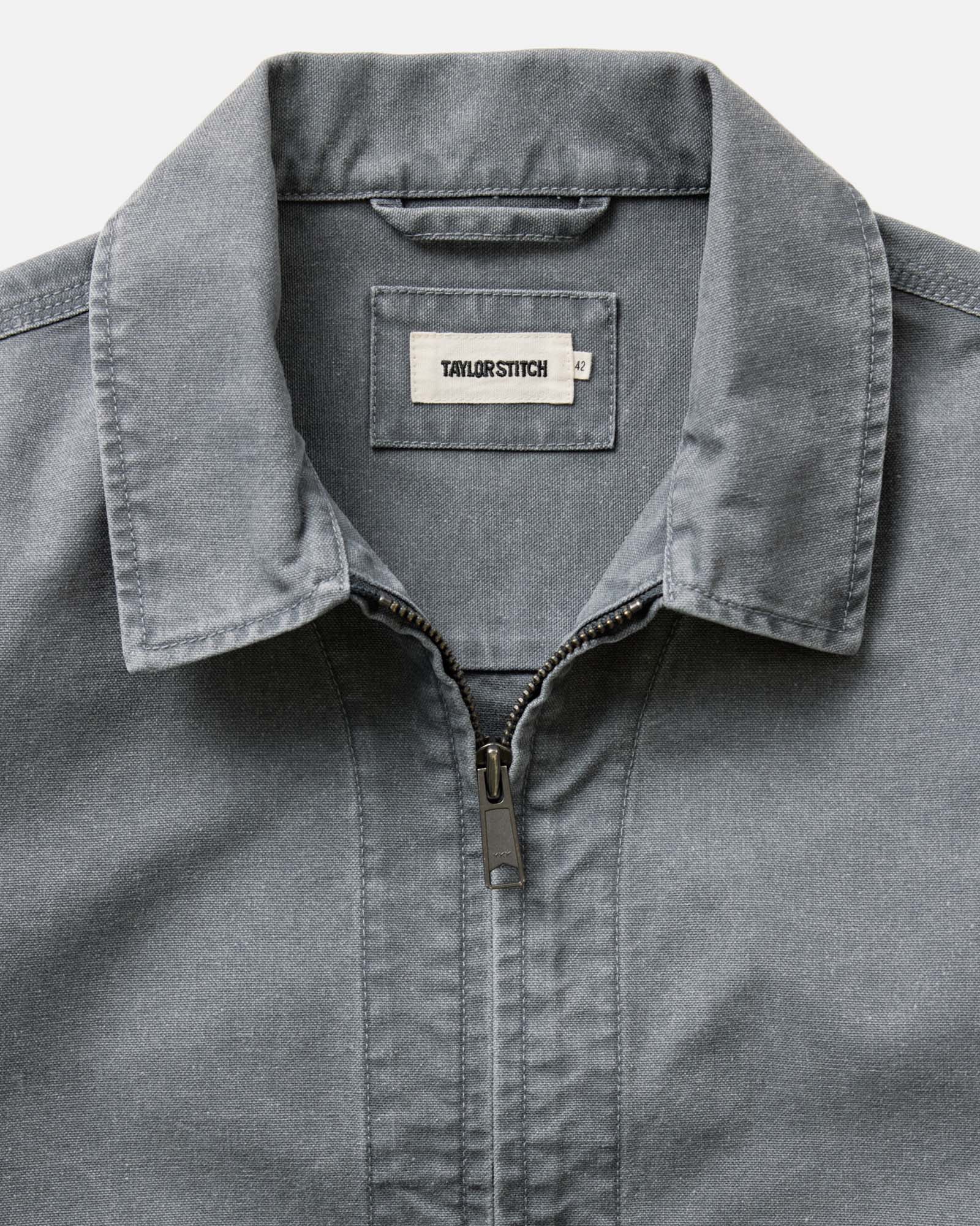 material shot of the collar on The Shifter Jacket in Dark Grey Pigment Canvas, Outerwear by Taylor Stitch