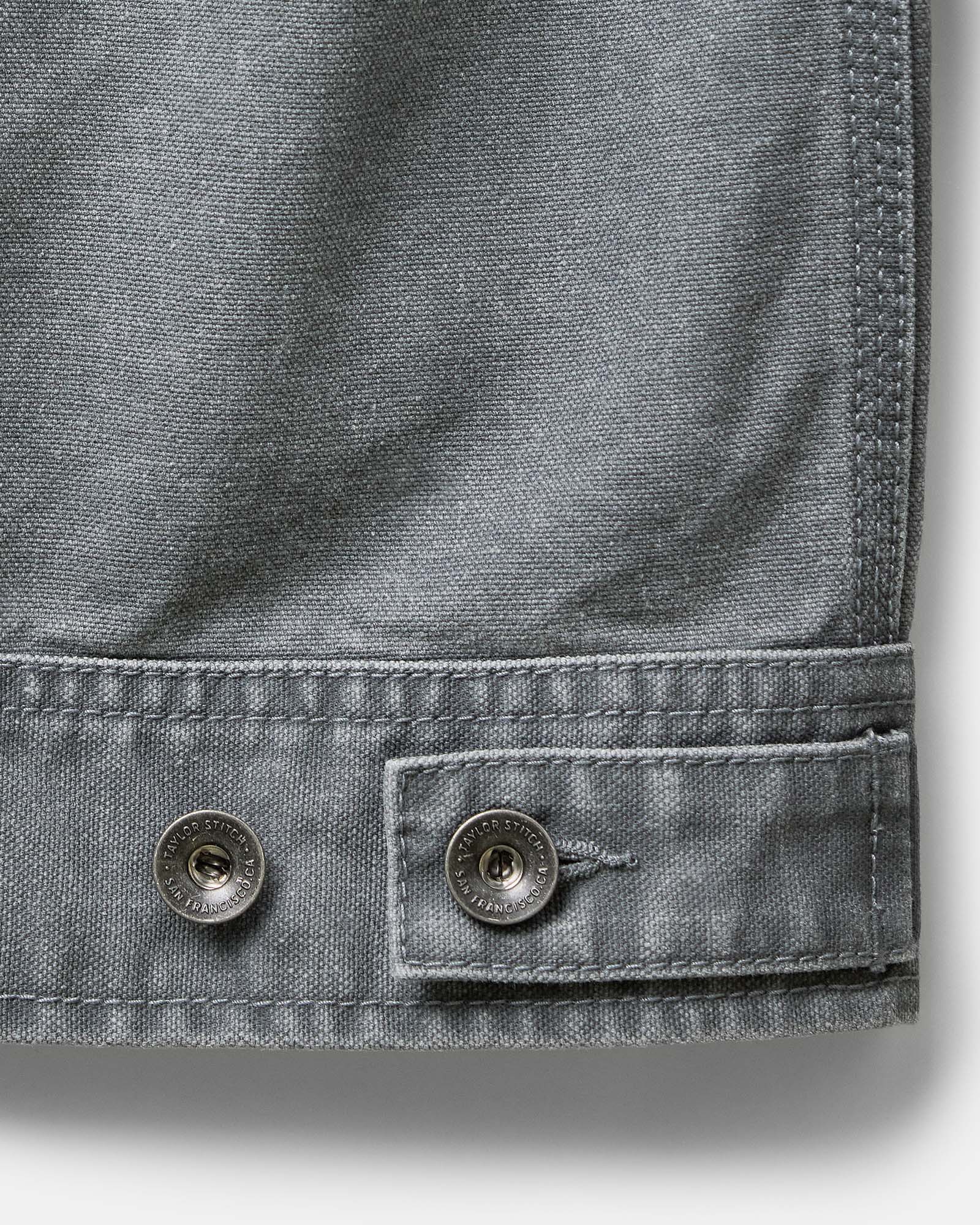 material shot of the buttons on The Shifter Jacket in Dark Grey Pigment Canvas, Outerwear by Taylor Stitch