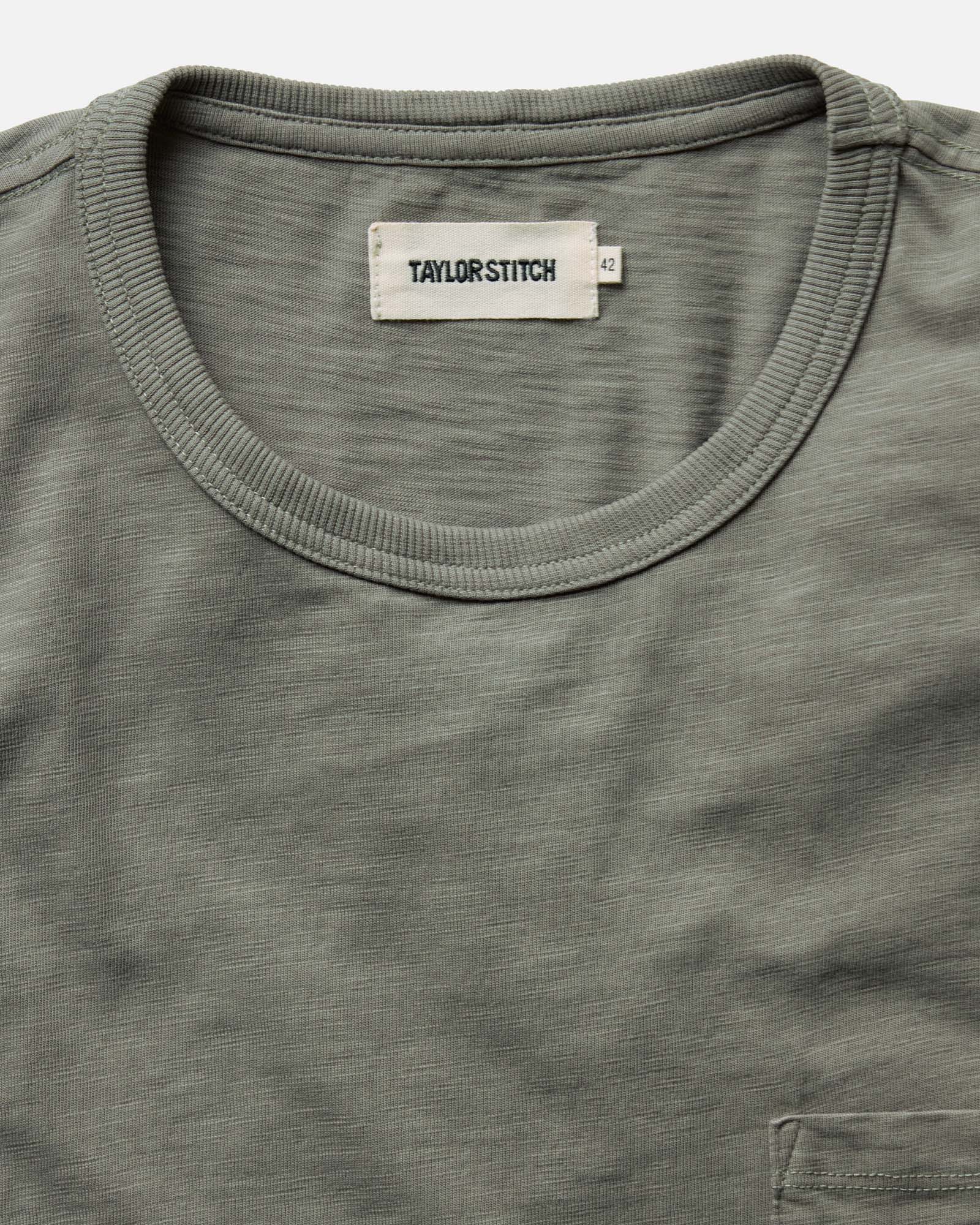 material shot of the collar on The Slub Tee in Smoked Olive, Knits by Taylor Stitch