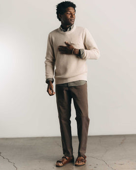 fit model posing in The Straight Foundation Pant in Organic Espresso, Bottoms by Taylor Stitch