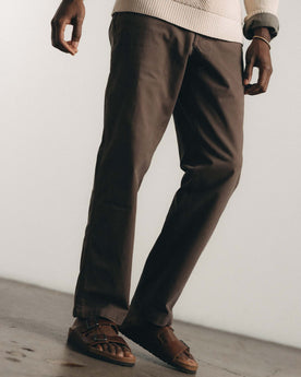 fit model walking wearing The Straight Foundation Pant in Organic Espresso, Bottoms by Taylor Stitch