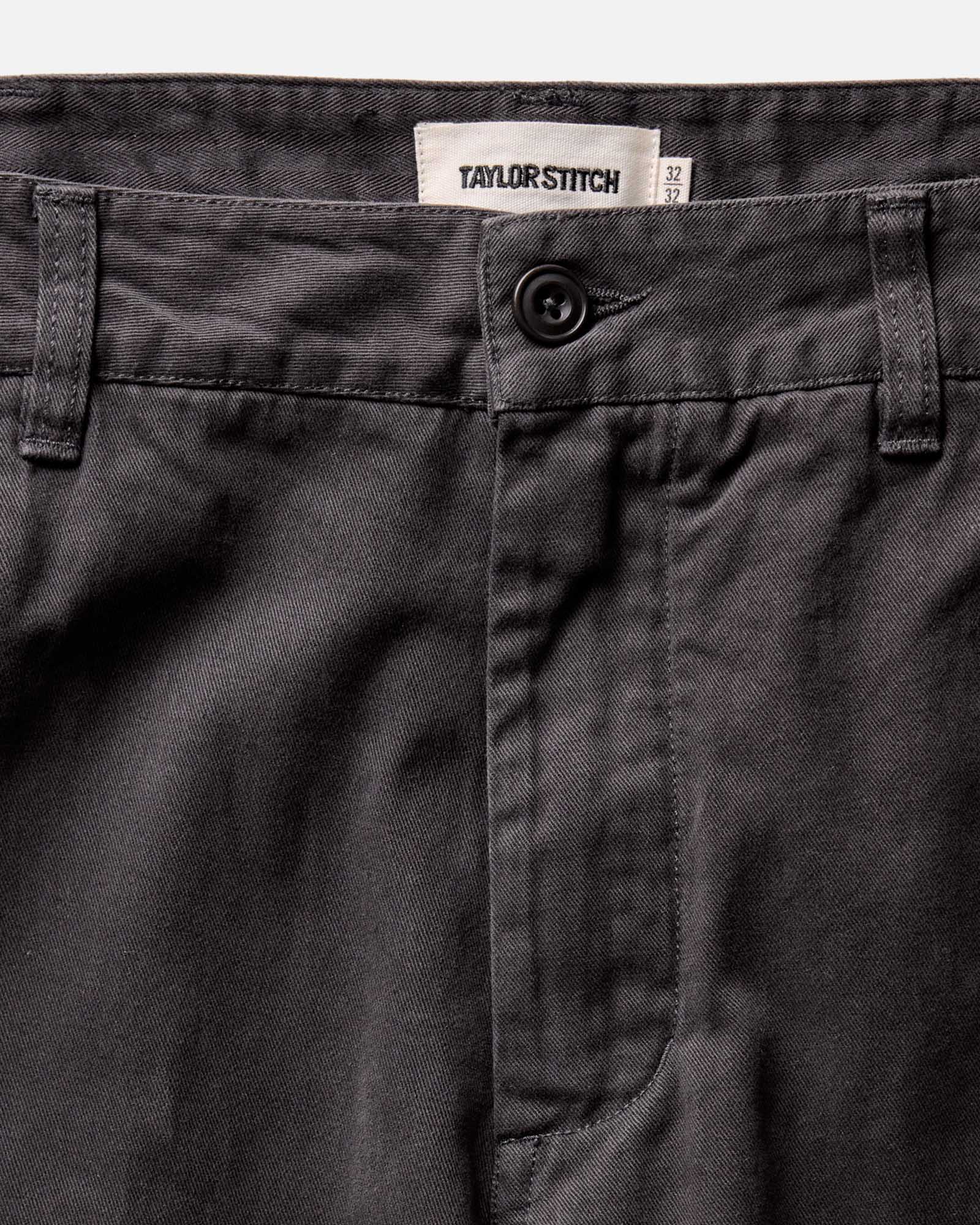 material shot of the waistband on The Straight Foundation Pant in Organic Faded Black, Bottoms by Taylor Stitch