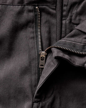 material shot of the zipper on The Straight Foundation Pant in Organic Faded Black, Bottoms by Taylor Stitch