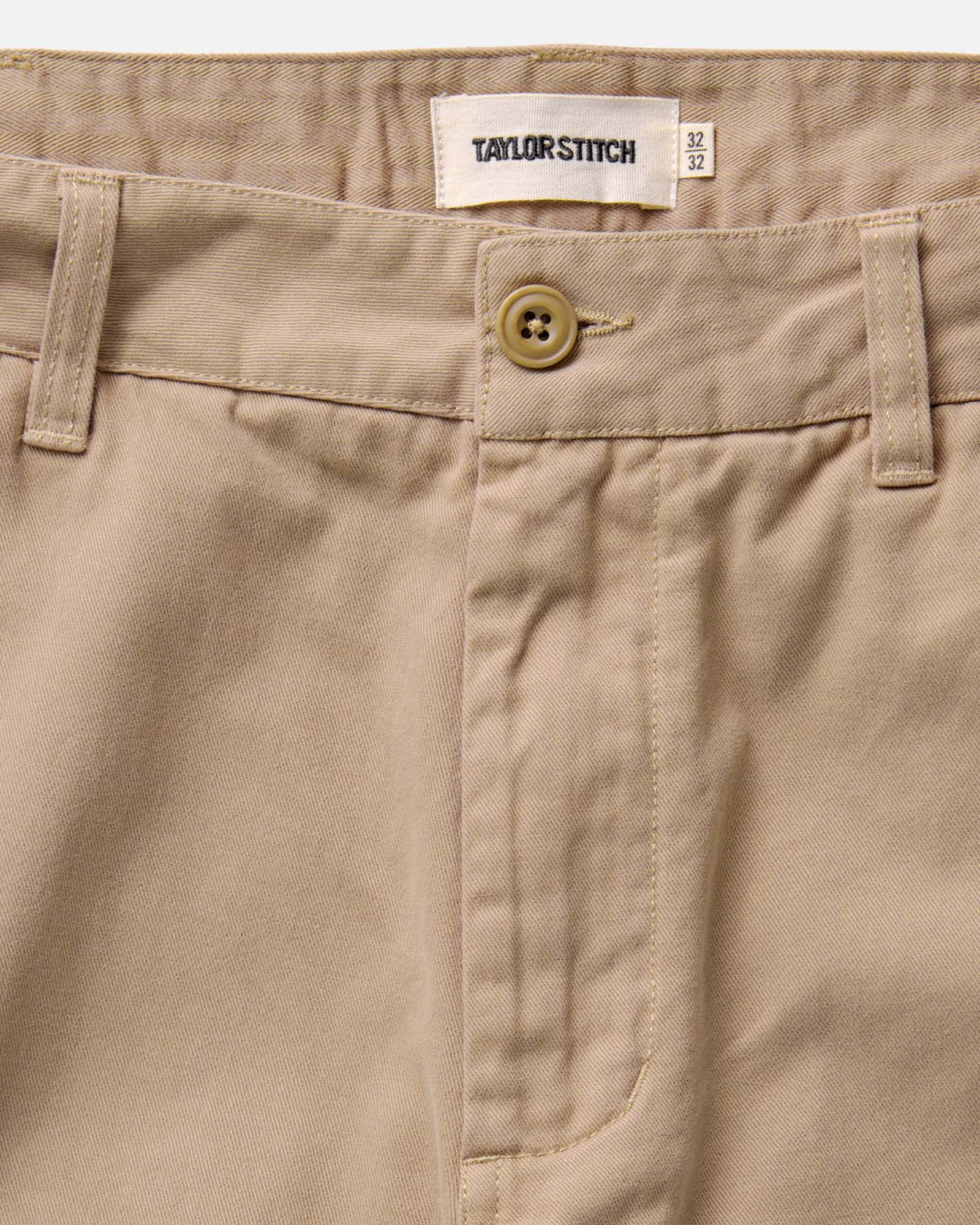material shot of the waistband on The Straight Foundation Pant in Organic Khaki, Bottoms by Taylor Stitch