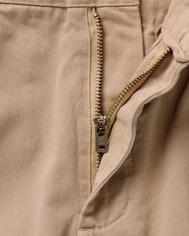 material shot of the zipper on The Straight Foundation Pant in Organic Khaki, Bottoms by Taylor Stitch