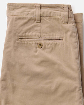 material shot of the back pocket on The Straight Foundation Pant in Organic Khaki, Bottoms by Taylor Stitch