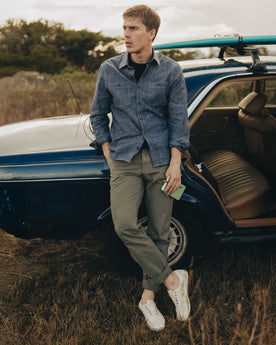 fit model posing in The Straight Foundation Pant in Organic Smoked Olive, Bottoms by Taylor Stitch