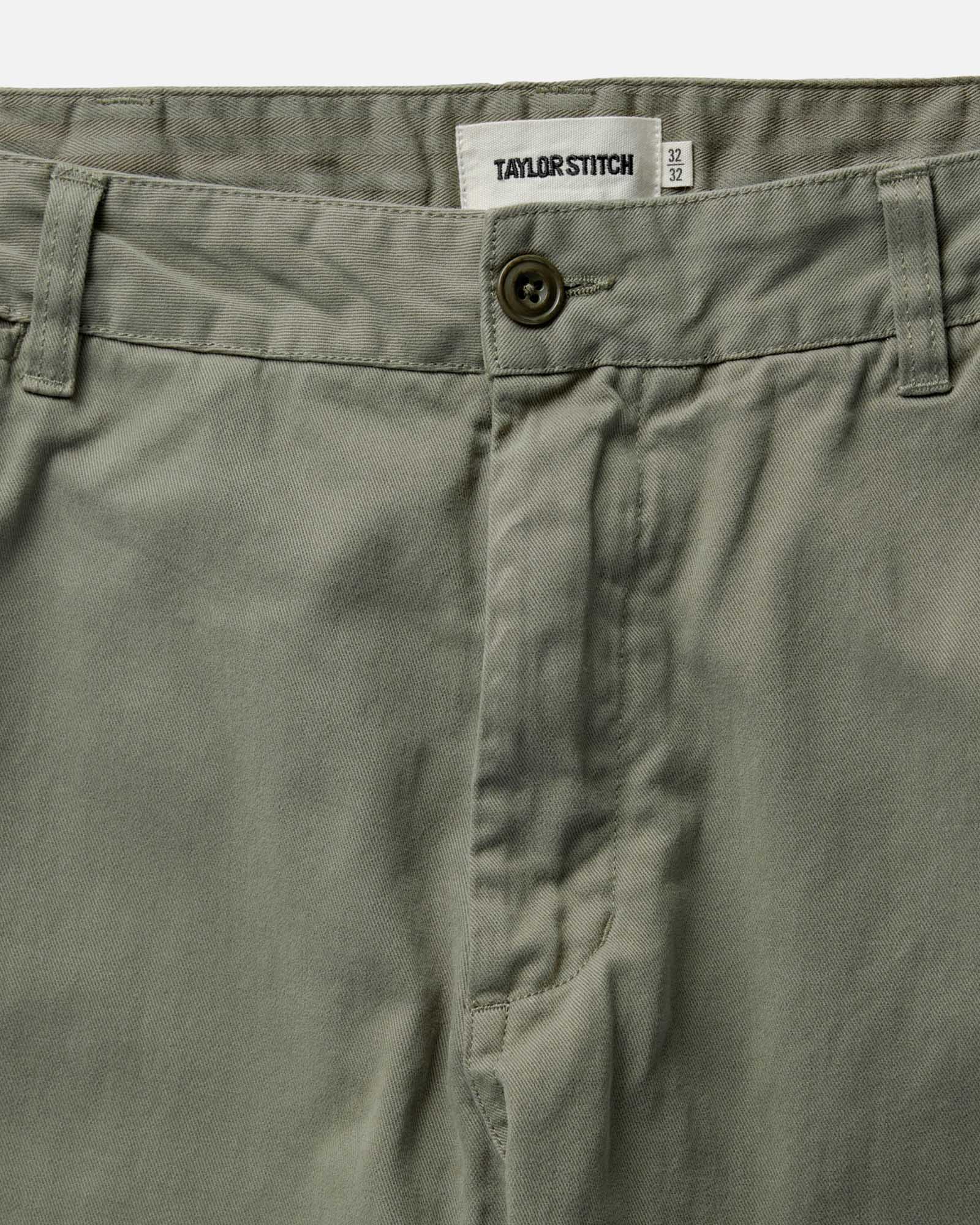 material shot of the waistband on The Straight Foundation Pant in Organic Smoked Olive, Bottoms by Taylor Stitch