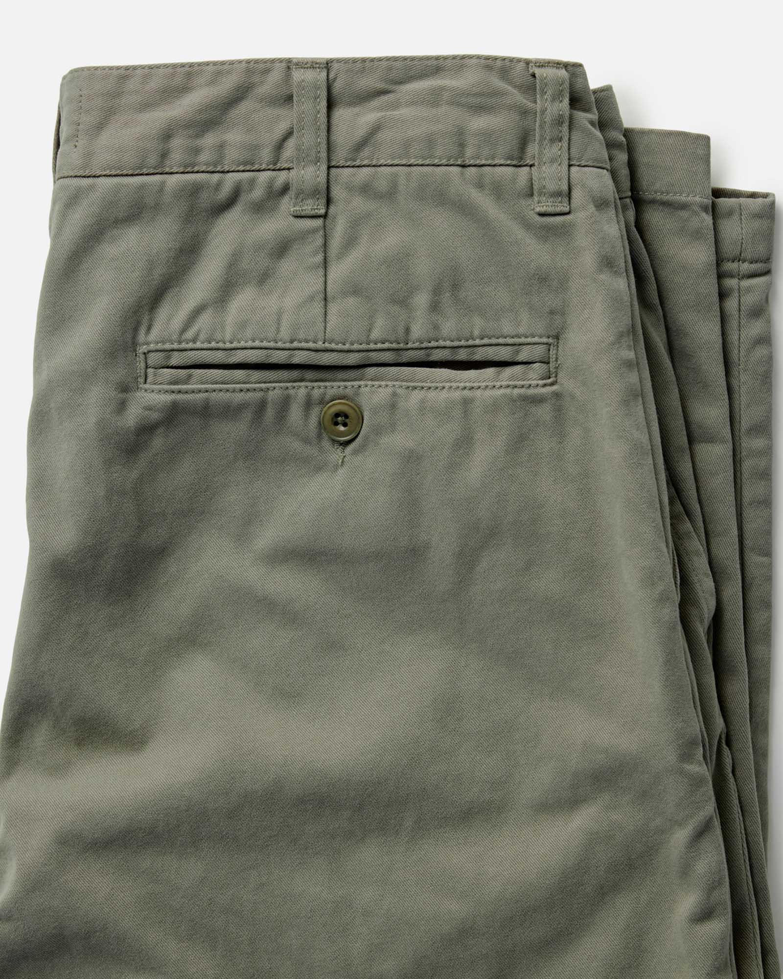 material shot of the back pocket on The Straight Foundation Pant in Organic Smoked Olive, Bottoms by Taylor Stitch