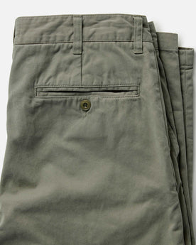 material shot of the back pocket on The Straight Foundation Pant in Organic Smoked Olive, Bottoms by Taylor Stitch