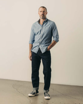 fit model showing off The Straight Jean in Rinsed Yoshiwa Selvedge, Bottoms by Taylor Stitch