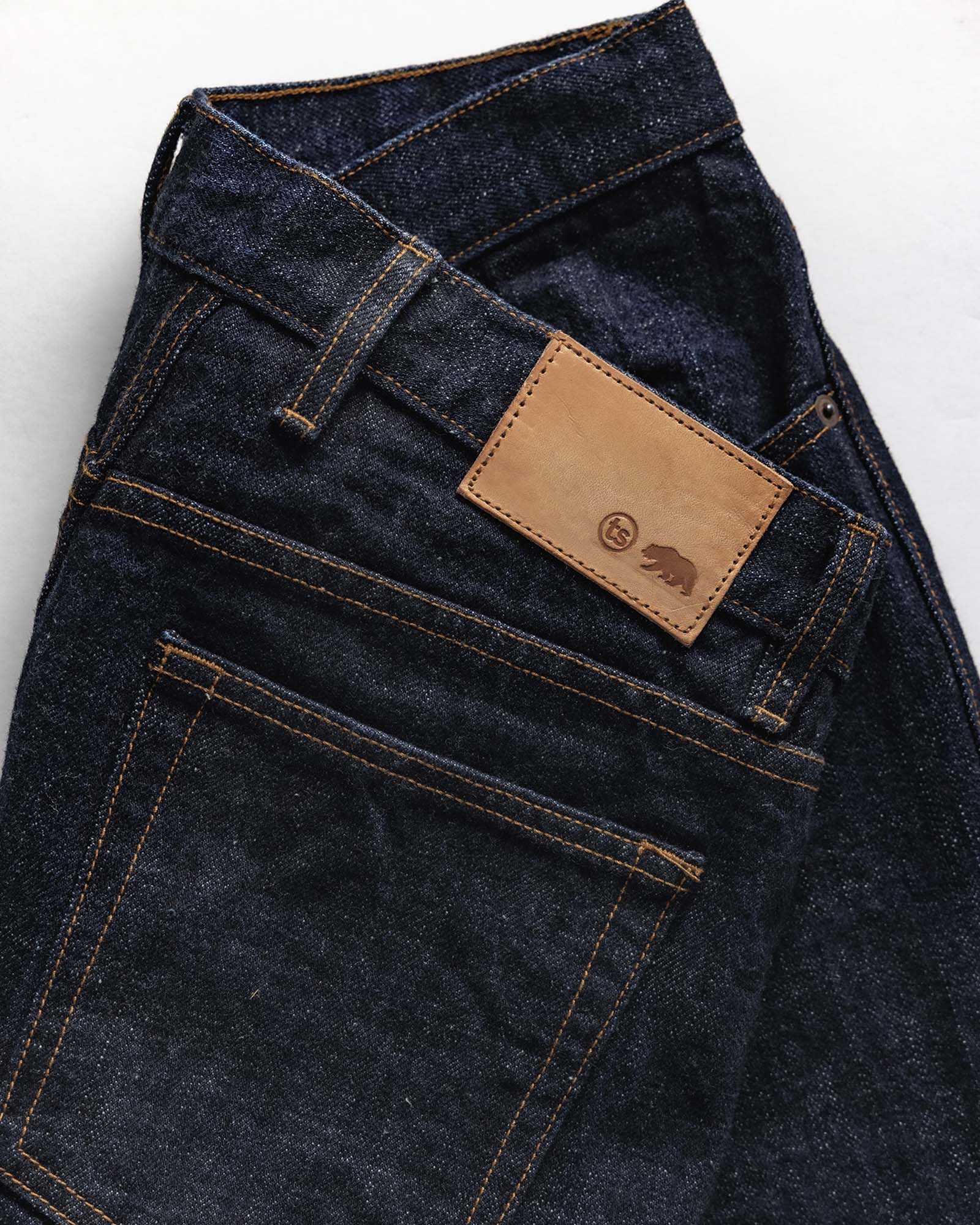 material shot of the back waistband on The Straight Jean in Rinsed Yoshiwa Selvedge, Bottoms by Taylor Stitch
