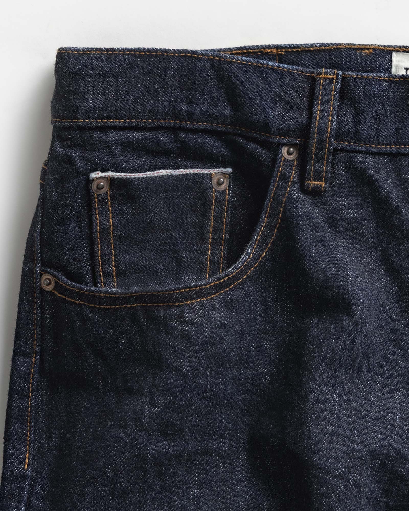 material shot of the pocket on The Straight Jean in Rinsed Yoshiwa Selvedge, Bottoms by Taylor Stitch
